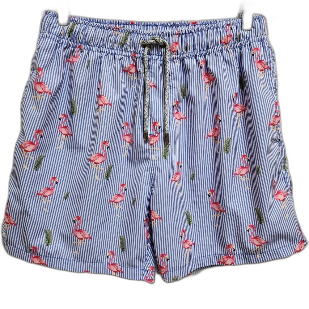Vintage Summer Men Blue Striped Pink Flamingo Swim Trunks Size L Beach Vacation